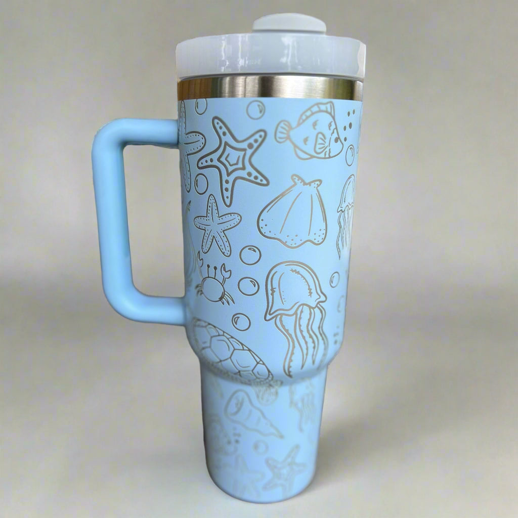 Sea Life 30 oz or 40 oz Stainless Steel Insulated Tumbler with Handle, Laser Engraved tumbler with name, birthday gift for him/her
