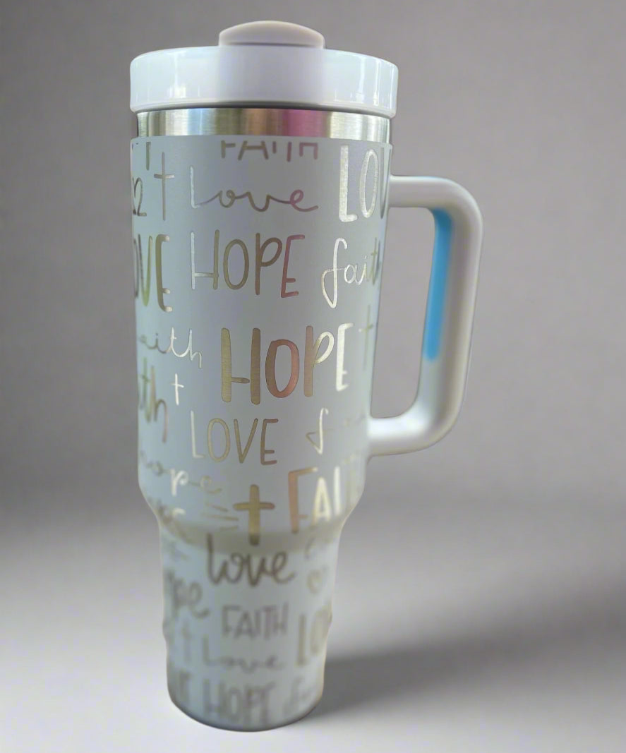 Faith Hope Love 30 oz or 40 oz Stainless Steel Insulated Tumbler with Handle, Laser Engraved tumbler & name, birthday gift for him/her