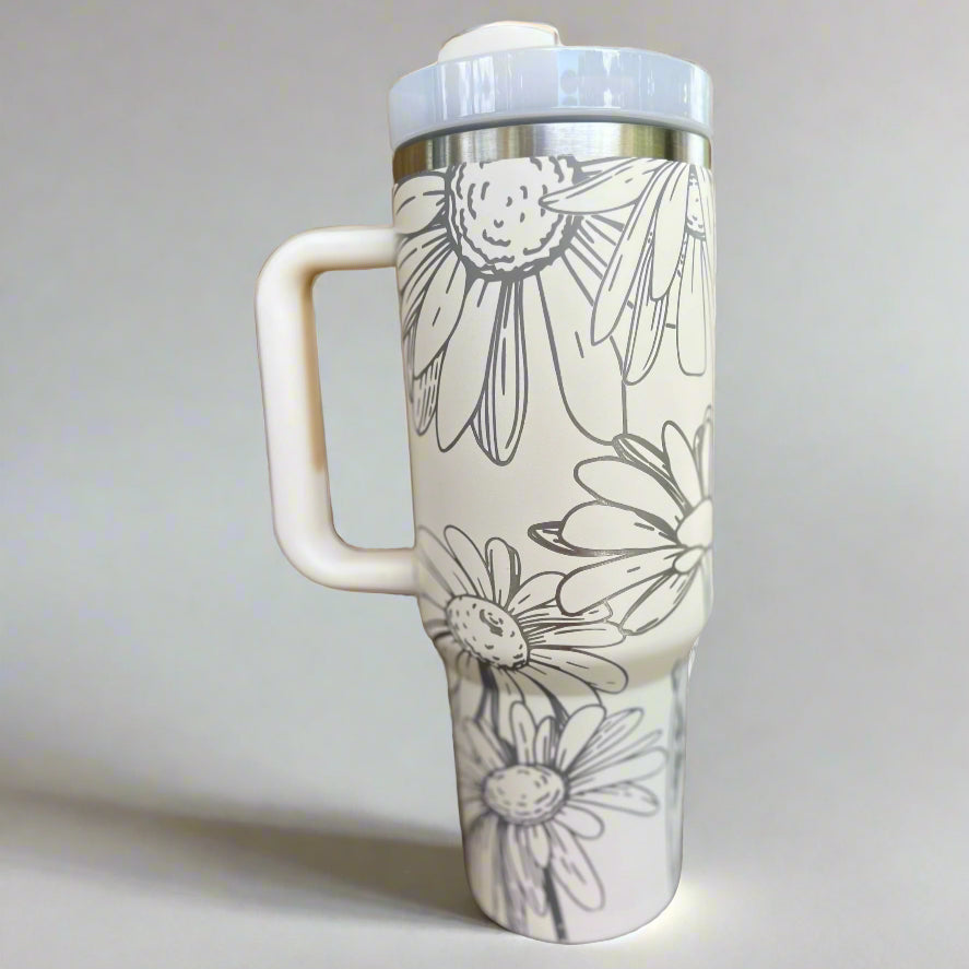 Daisies 30 oz or 40 oz Stainless Steel Insulated Tumbler with Handle, Laser Engraved tumbler, tumbler with name, birthday gift for him/her