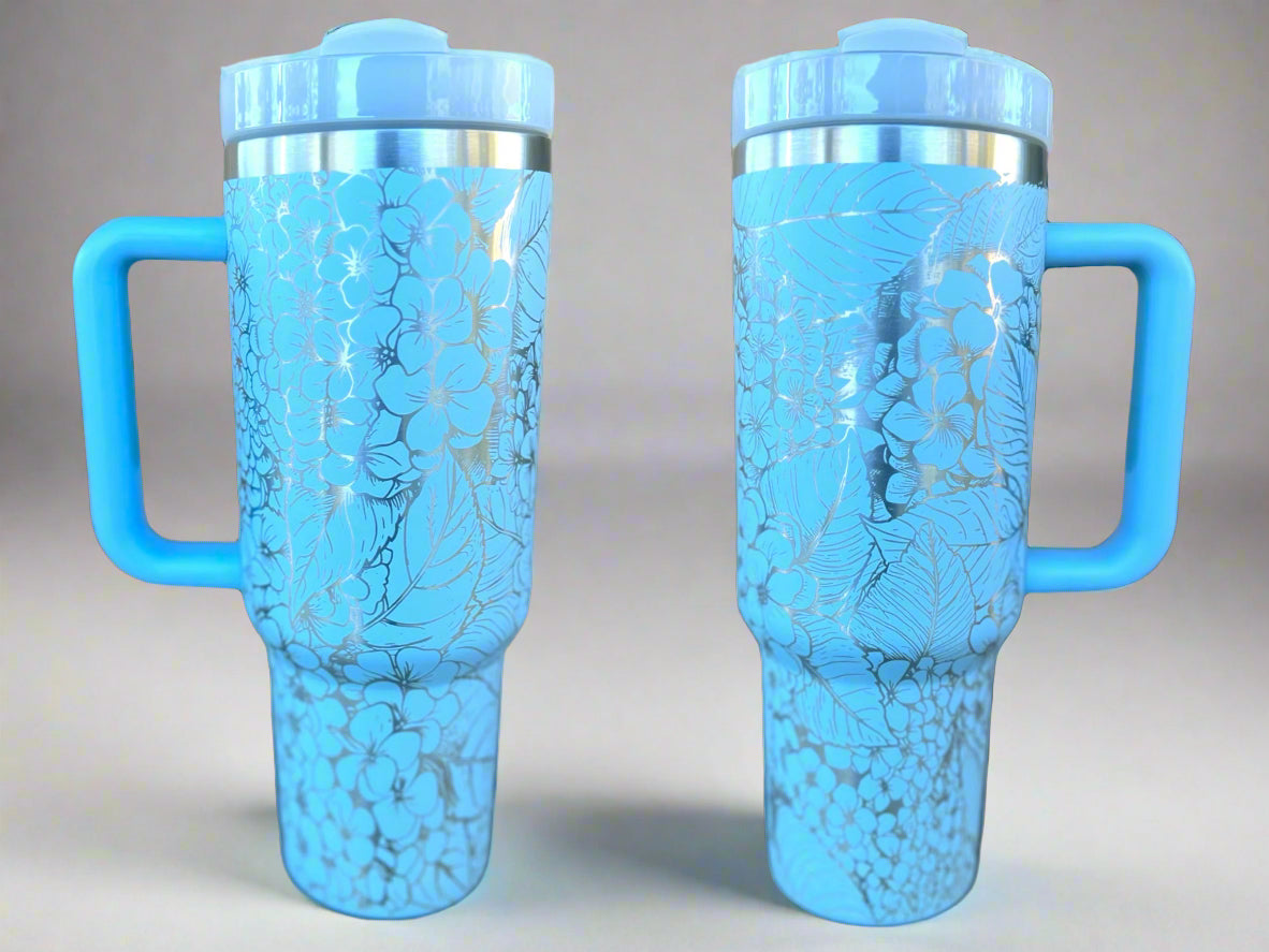 Hydrangeas 30 oz or 40 oz Stainless Steel Insulated Tumbler with Handle, Laser Engraved tumbler with name, birthday gift for him/her