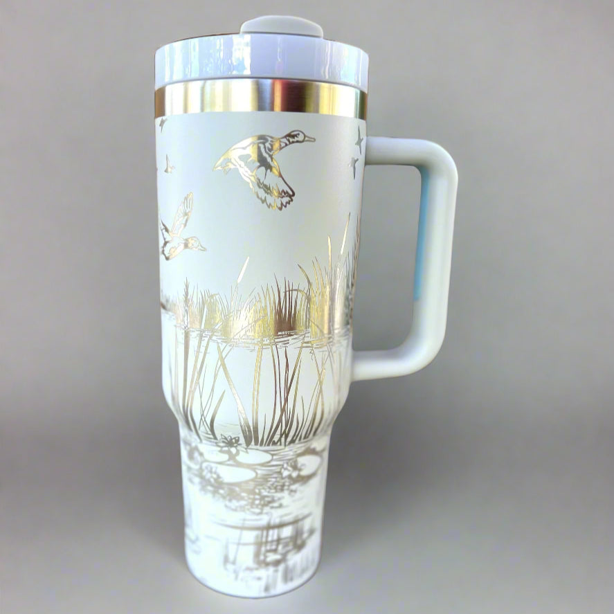 Duck Pond 30 or 40 oz Stainless Steel Insulated Tumbler with Handle, Laser Engraved tumbler, tumbler with name, birthday gift for him/her