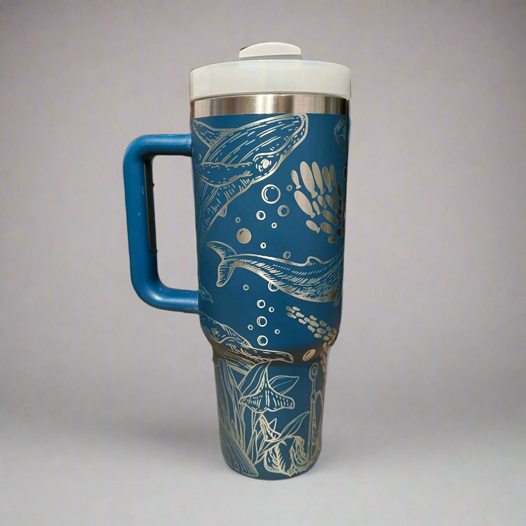 Whale 30 or 40 oz Stainless Steel Insulated Tumbler with Handle, Laser Engraved tumbler, tumbler with name, birthday gift for him/her