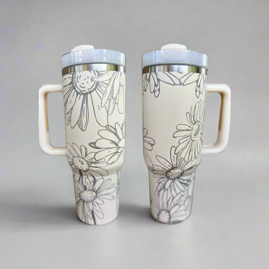 Daisies 30 oz or 40 oz Stainless Steel Insulated Tumbler with Handle, Laser Engraved tumbler, tumbler with name, birthday gift for him/her