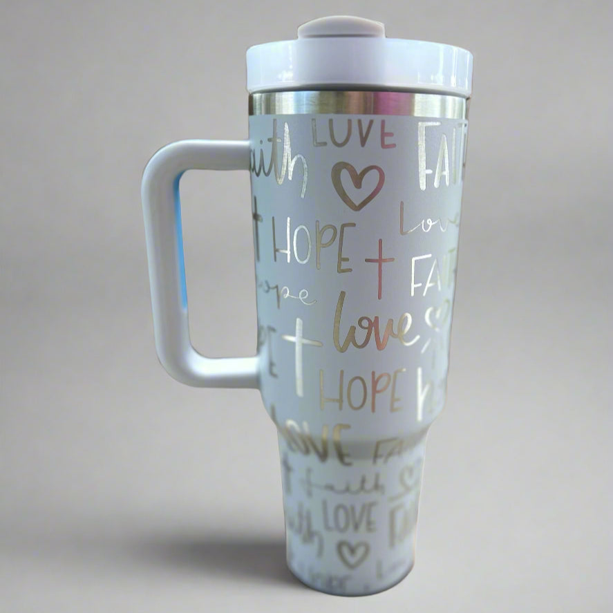 Faith Hope Love 30 oz or 40 oz Stainless Steel Insulated Tumbler with Handle, Laser Engraved tumbler & name, birthday gift for him/her