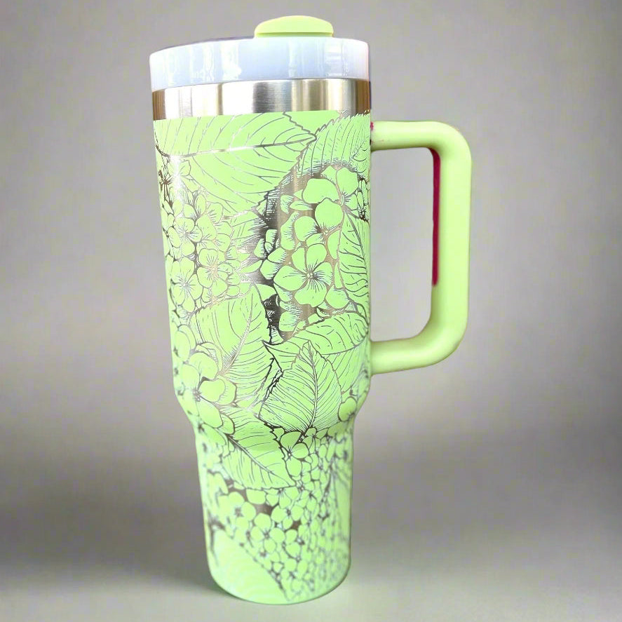 Hydrangeas 30 oz or 40 oz Stainless Steel Insulated Tumbler with Handle, Laser Engraved tumbler with name, birthday gift for him/her