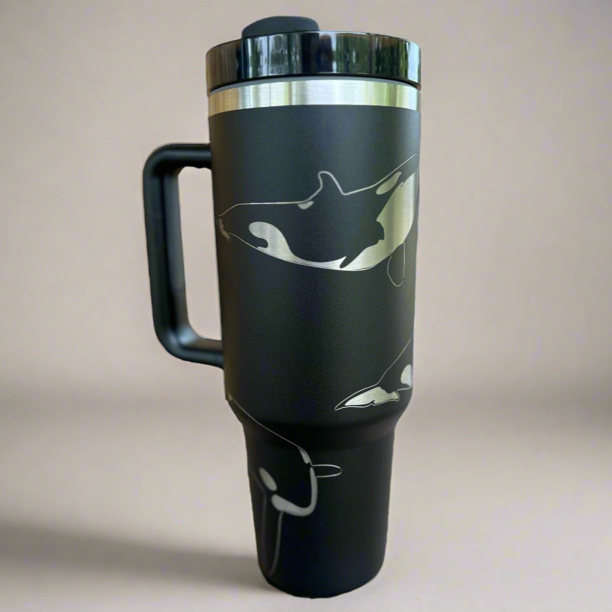 Orca whale 30 oz or 40 oz Stainless Steel Insulated Tumbler with Handle, Laser Engraved tumbler, tumbler w/name, birthday gift for him/her