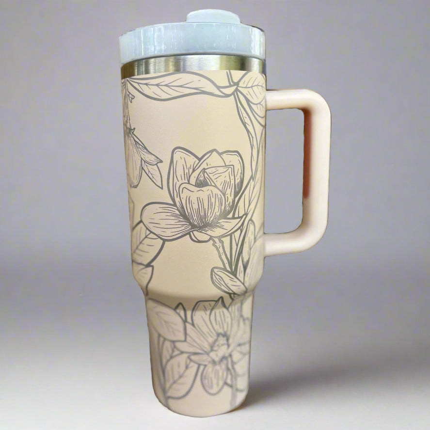 Magnolia 30 oz or 40 oz Stainless Steel Insulated Tumbler with Handle, Laser Engraved tumbler, tumbler with name, birthday gift for him/her