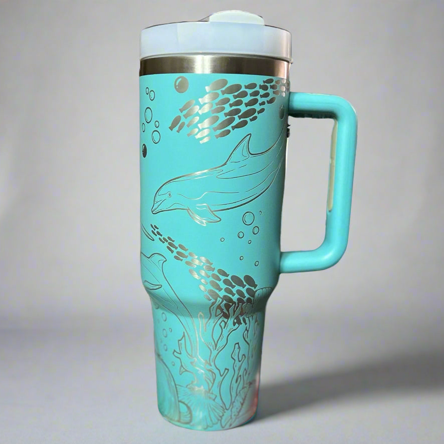 Dolphins 30 oz or 40 oz Stainless Steel Insulated Tumbler with Handle, Laser Engraved tumbler, personalized, birthday gift for him/her