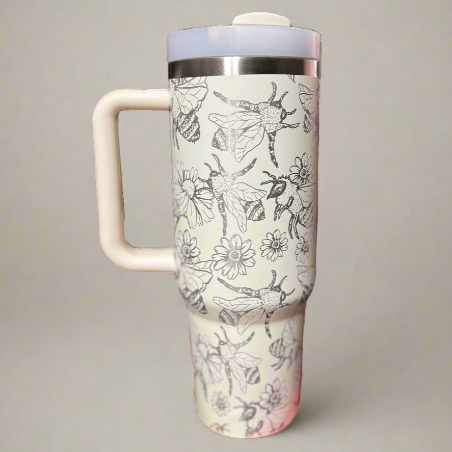Bee & flower Lover 30 oz or 40 oz Stainless Steel Insulated Tumbler with Handle, Laser Engraved tumbler with name, birthday gift for him/her