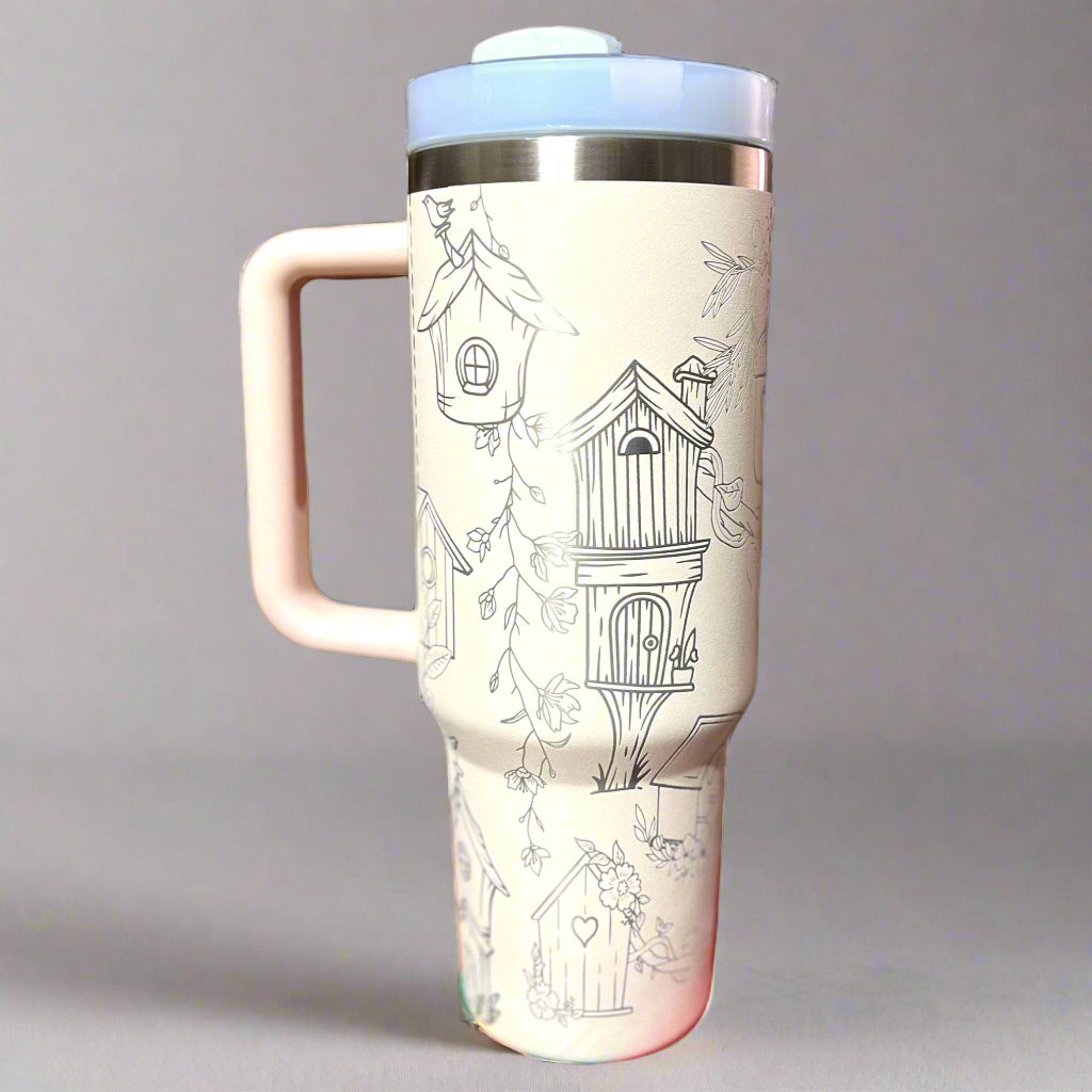 Birdhouses 30 oz or 40 oz Stainless Steel Insulated Tumbler with Handle, Laser Engraved tumbler, tumbler with name, birthday gift for him/he