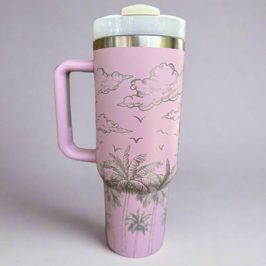Tropical 30 oz or 40 oz Stainless Steel Insulated Tumbler with Handle, Laser Engraved tumbler with name, birthday gift for him/her