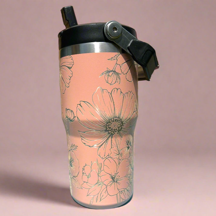 20 oz flip top lid Cosmos flower themed tumbler, gift for her, gift for him, coffee tumbler, free personalization, engraved tumbler gift
