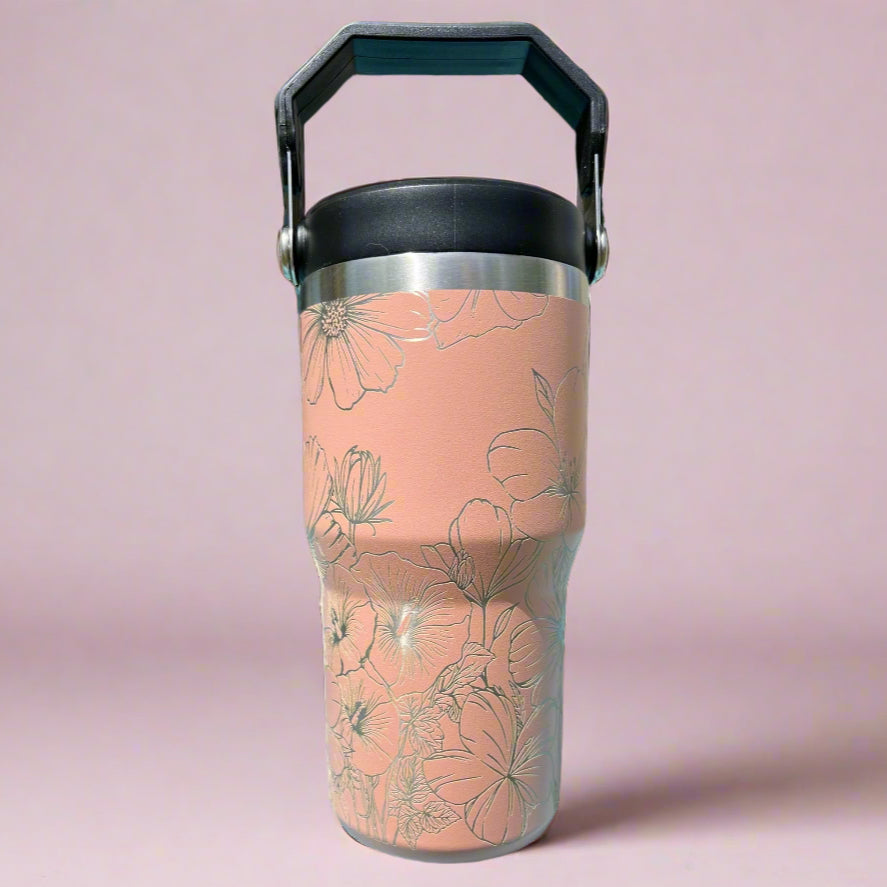 20 oz flip top lid Cosmos flower themed tumbler, gift for her, gift for him, coffee tumbler, free personalization, engraved tumbler gift