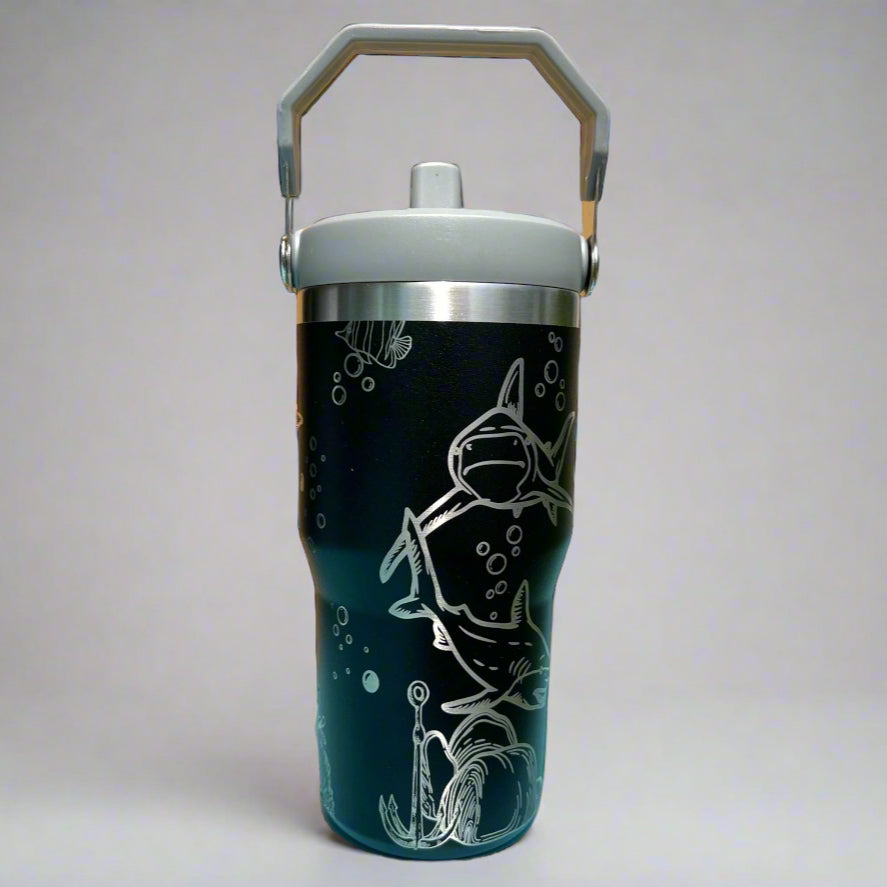 20 oz flip top lid Shark themed tumbler, gift for her, gift for him, coffee tumbler, free personalization, engraved tumbler gift
