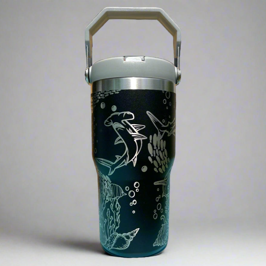 20 oz flip top lid Shark themed tumbler, gift for her, gift for him, coffee tumbler, free personalization, engraved tumbler gift