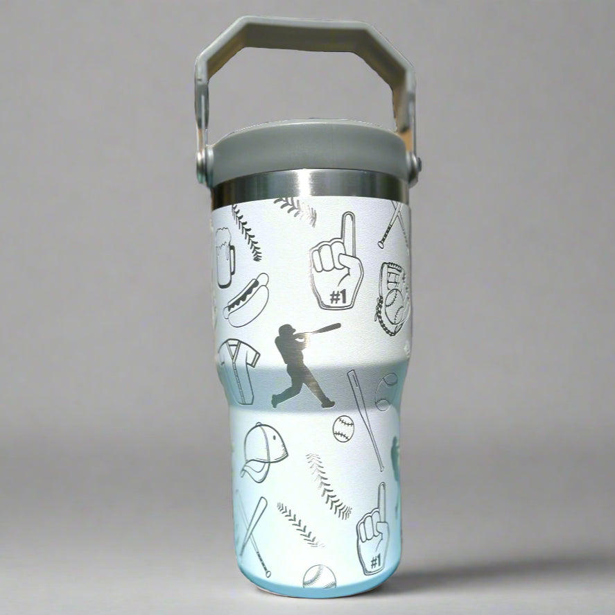 20 oz flip top lid Baseball themed tumbler, gift for her, gift for him, coffee tumbler, free personalization, engraved tumbler gift