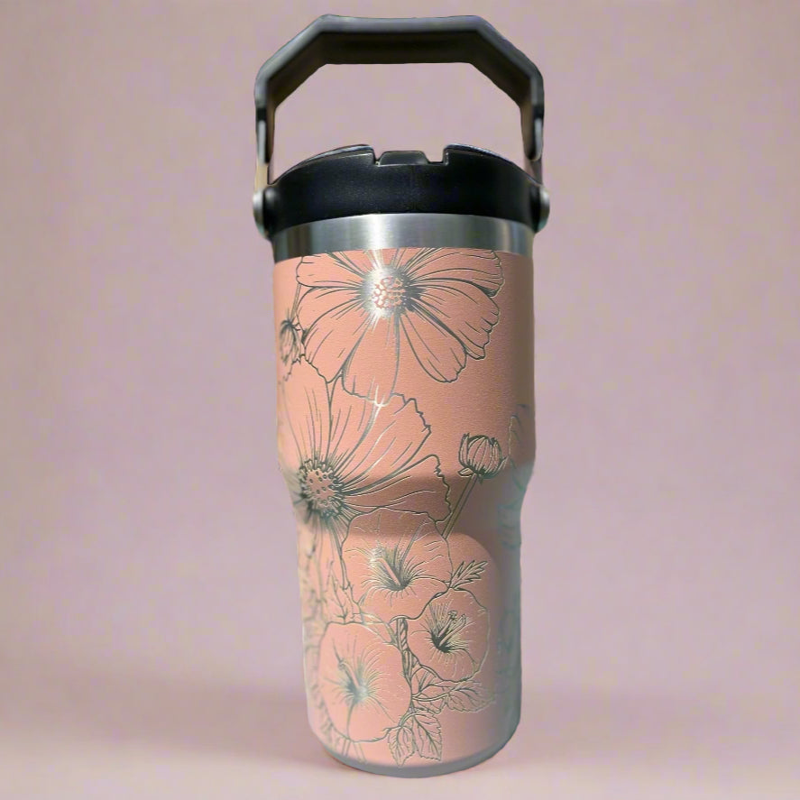 20 oz flip top lid Cosmos flower themed tumbler, gift for her, gift for him, coffee tumbler, free personalization, engraved tumbler gift