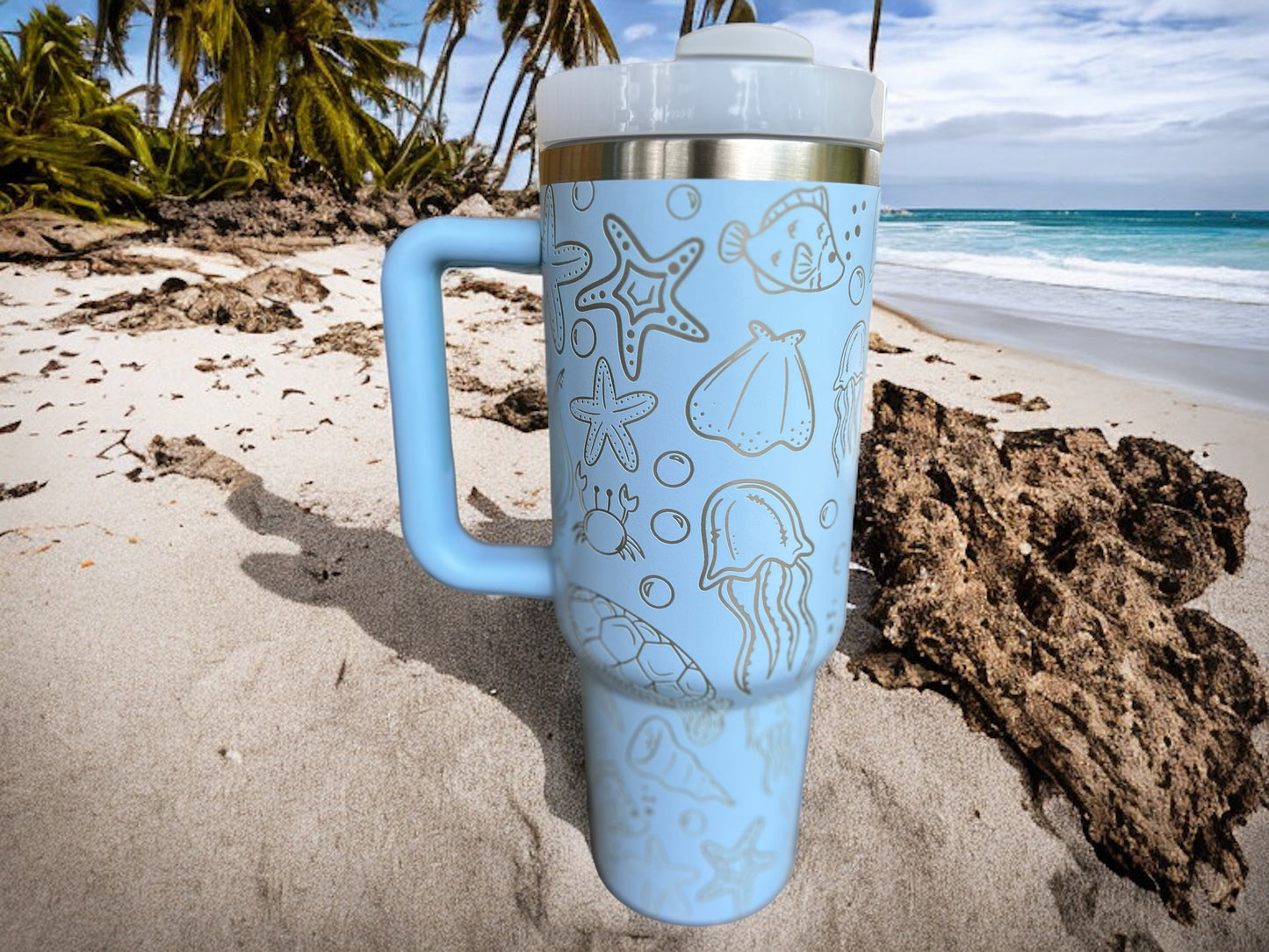 Sea Life 30 oz or 40 oz Stainless Steel Insulated Tumbler with Handle, Laser Engraved tumbler with name, birthday gift for him/her