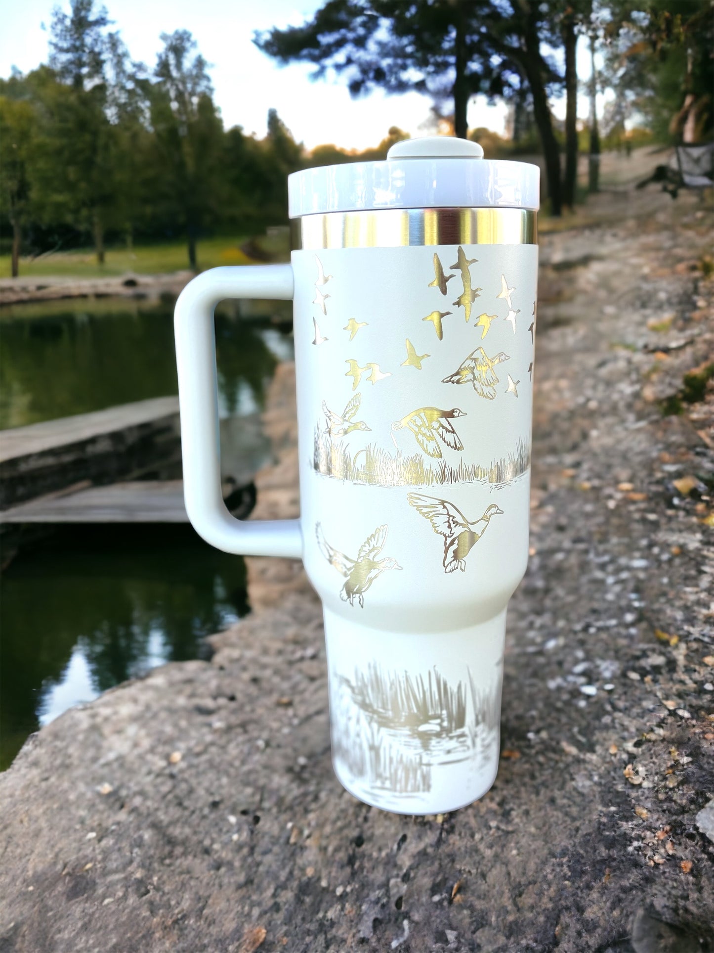 Duck Pond 30 or  40 oz Stainless Steel Insulated Tumbler with Handle, Laser Engraved tumbler, tumbler with name, birthday gift for him/her