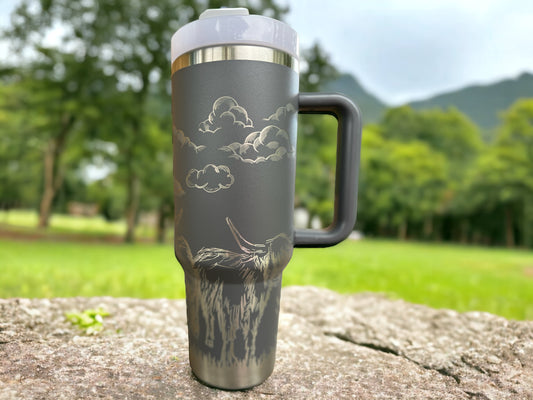 Highland Cow 30 oz or 40 oz Stainless Steel Insulated Tumbler with Handle, Laser Engraved tumbler with name, birthday gift for him/her