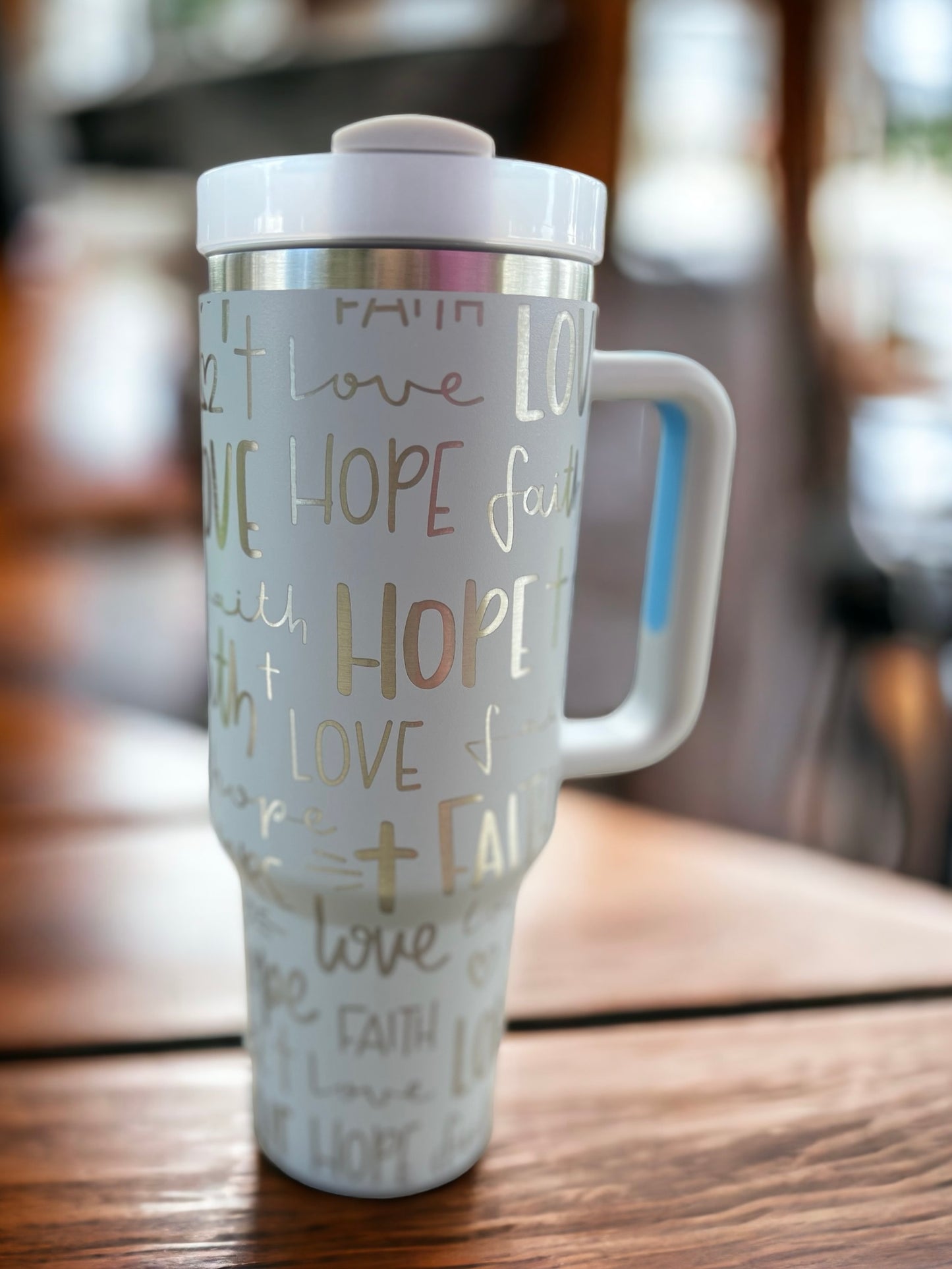 Faith Hope Love 30 oz or 40 oz Stainless Steel Insulated Tumbler with Handle, Laser Engraved tumbler & name, birthday gift for him/her