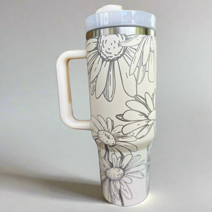 Daisies 30 oz or 40 oz Stainless Steel Insulated Tumbler with Handle, Laser Engraved tumbler, tumbler with name, birthday gift for him/her