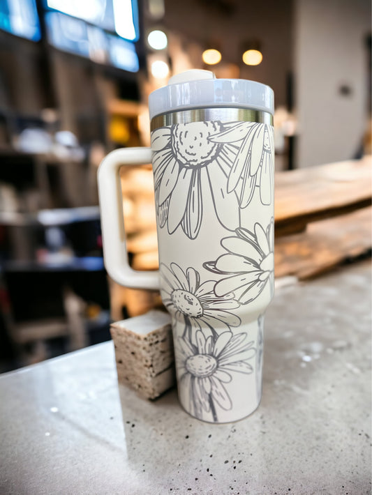 Daisies 30 oz or 40 oz Stainless Steel Insulated Tumbler with Handle, Laser Engraved tumbler, tumbler with name, birthday gift for him/her