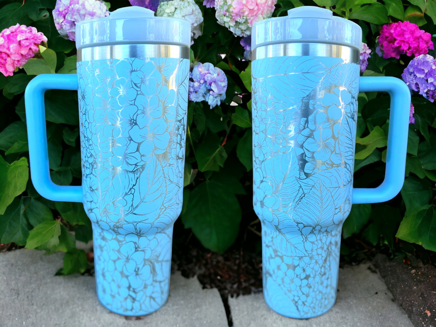 Hydrangeas 30 oz or 40 oz Stainless Steel Insulated Tumbler with Handle, Laser Engraved tumbler with name, birthday gift for him/her