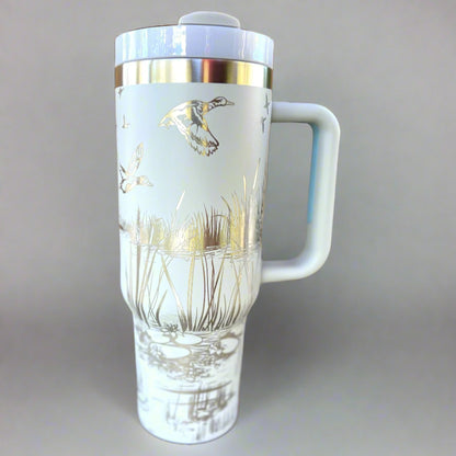 Duck Pond 30 or  40 oz Stainless Steel Insulated Tumbler with Handle, Laser Engraved tumbler, tumbler with name, birthday gift for him/her