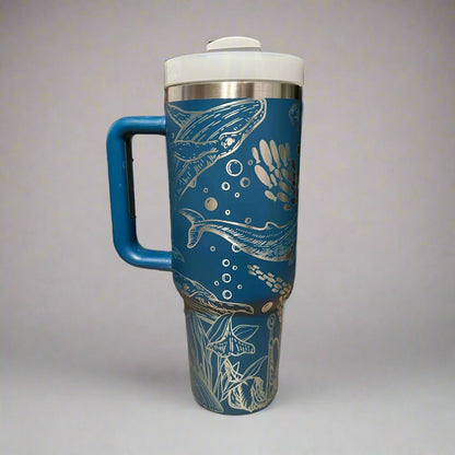 Whale 30 or 40 oz Stainless Steel Insulated Tumbler with Handle, Laser Engraved tumbler, tumbler with name, birthday gift for him/her