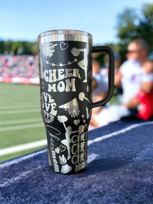 Cheer Mom 40 oz Maars Charger SS Insulated Tumbler with Handle, Laser Engraved tumbler, 40 oz tumbler with name, birthday gift for him/her