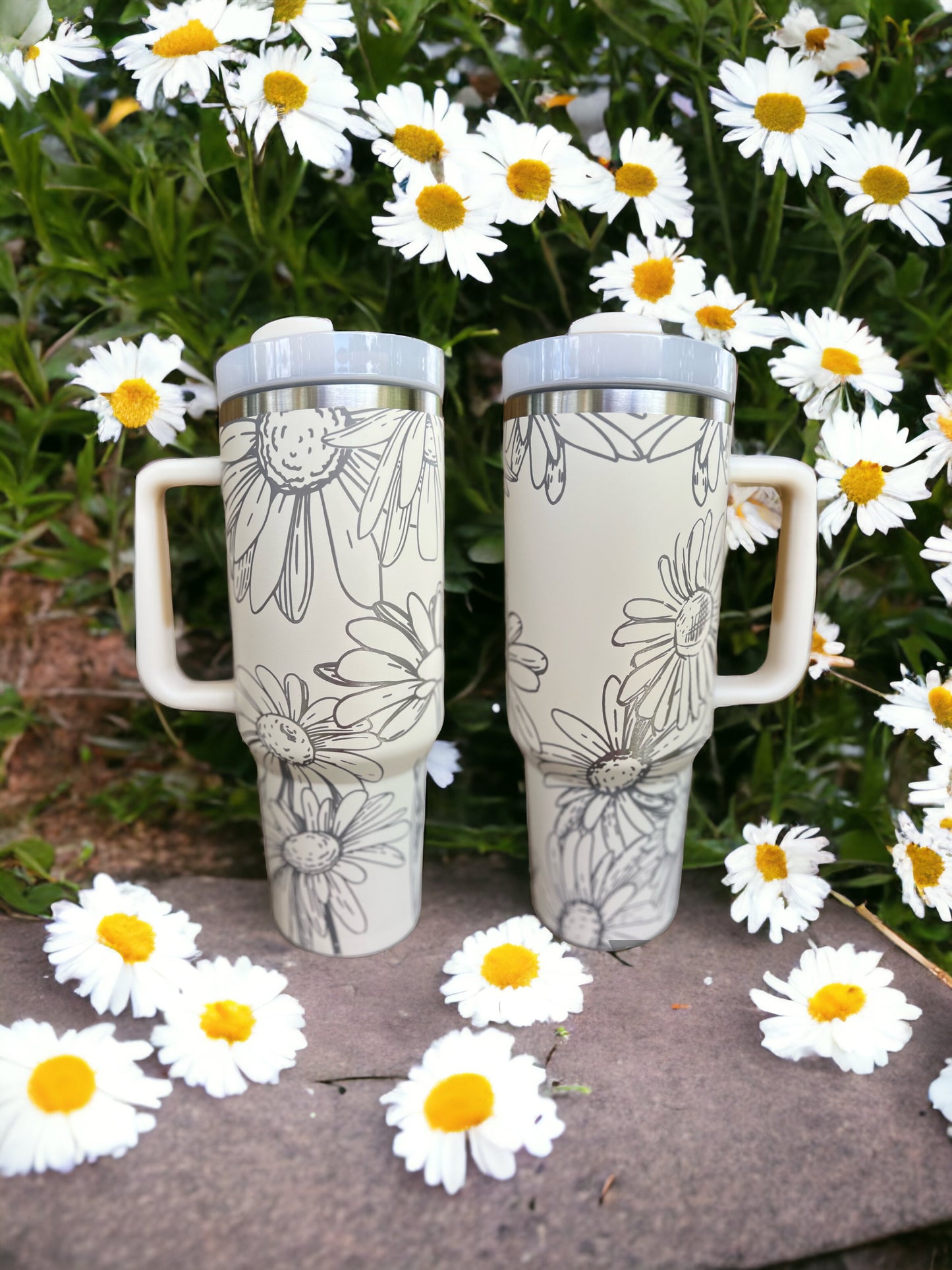 Daisies 30 oz or 40 oz Stainless Steel Insulated Tumbler with Handle, Laser Engraved tumbler, tumbler with name, birthday gift for him/her