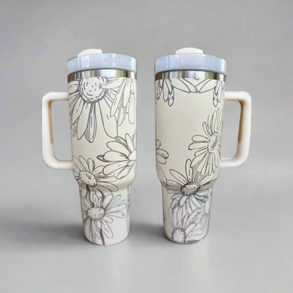 Daisies 30 oz or 40 oz Stainless Steel Insulated Tumbler with Handle, Laser Engraved tumbler, tumbler with name, birthday gift for him/her