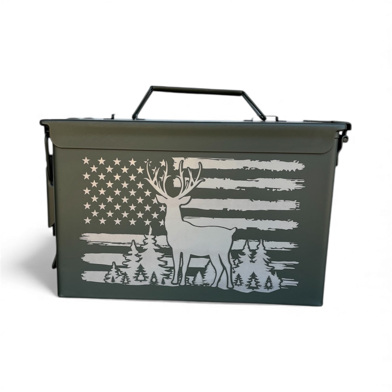 Deer and Flag Engraved Ammo Box .50 CAL