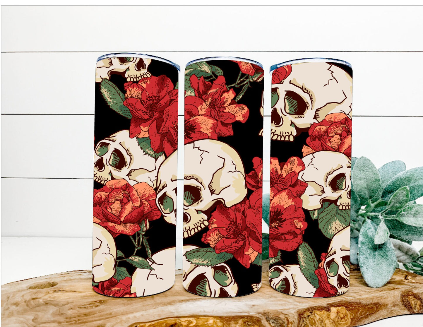 Skulls & roses tumbler, tattoo tumbler, goth tumbler, red roses tumbler