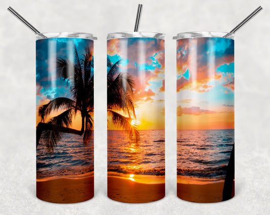 Beach sunset 20 oz tumbler, Palm trees with beach sunrise tumbler, 20 oz stainless steel skinny tumbler