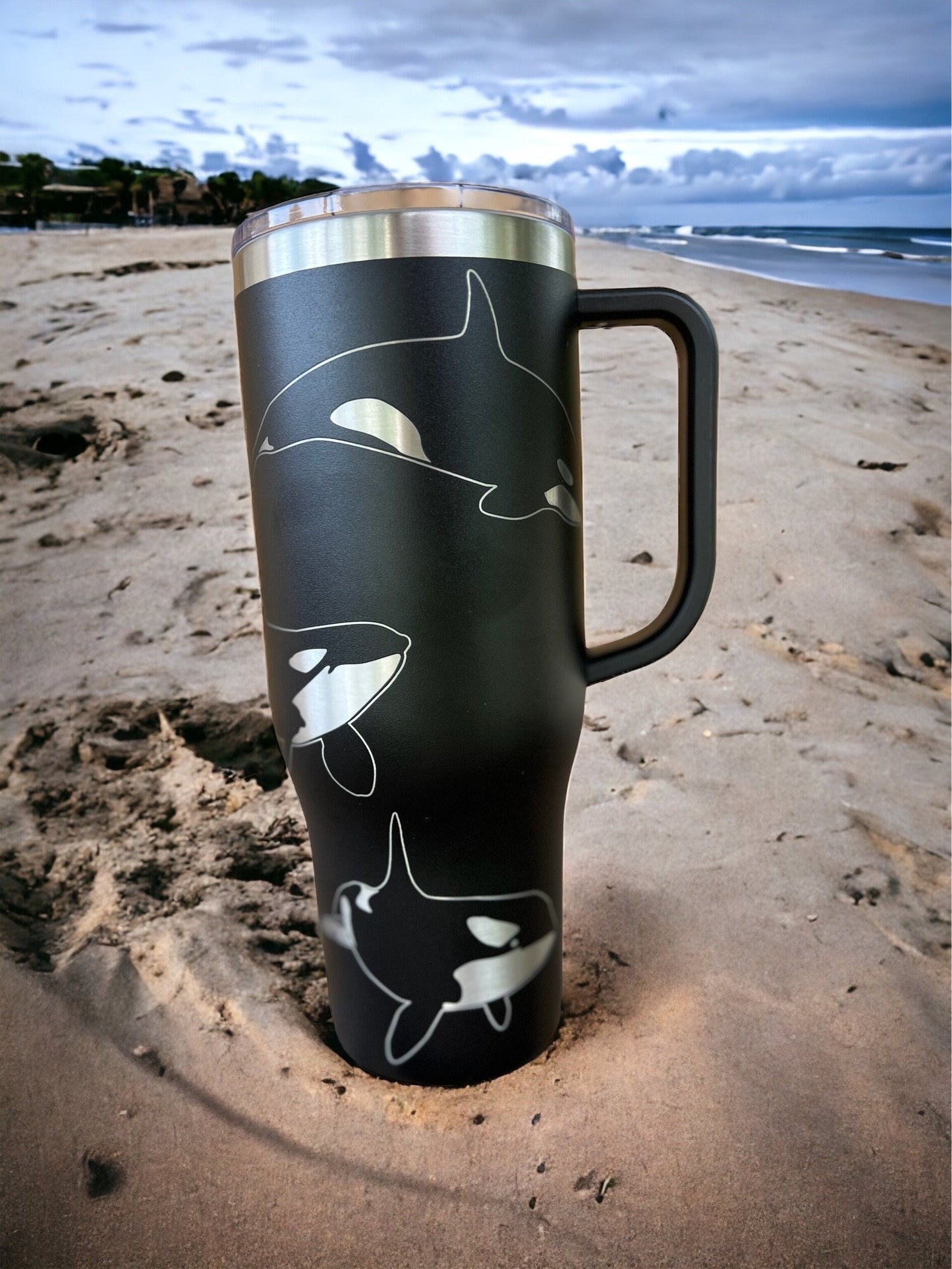 Orca whales 40 oz Maars Charger SS Insulated Tumbler with Handle, Laser Engraved tumbler, 40 oz tumbler with name, birthday gift for him/her