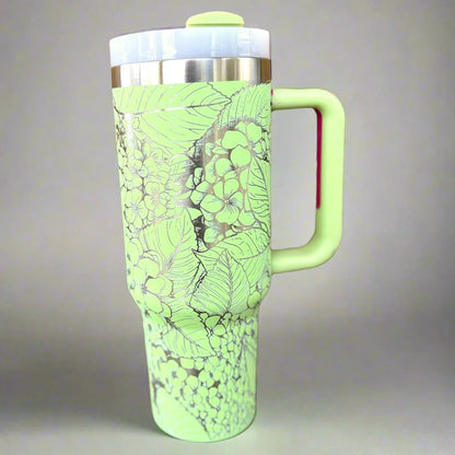 Hydrangeas 30 oz or 40 oz Stainless Steel Insulated Tumbler with Handle, Laser Engraved tumbler with name, birthday gift for him/her