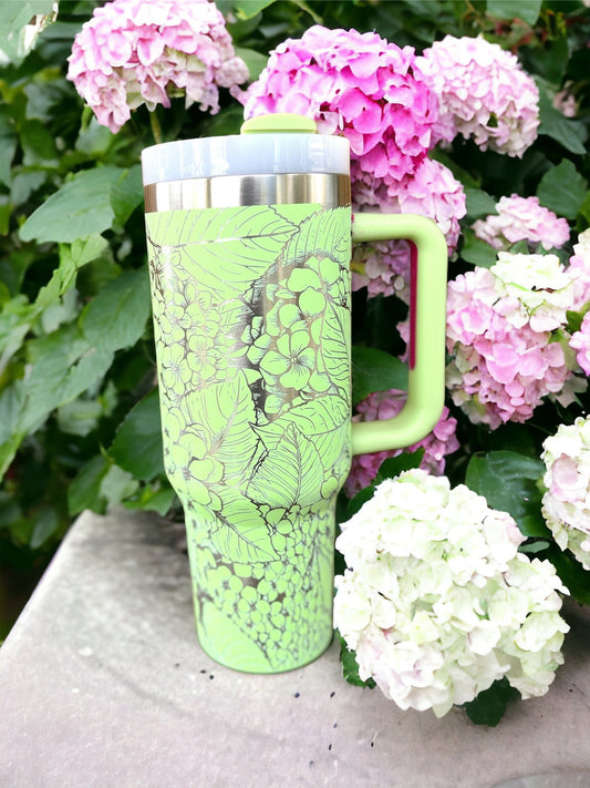 Hydrangeas 30 oz or 40 oz Stainless Steel Insulated Tumbler with Handle, Laser Engraved tumbler with name, birthday gift for him/her