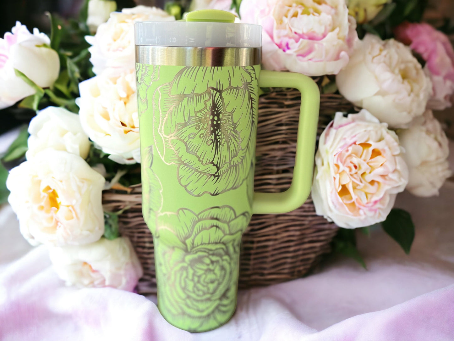 Peonies 30 oz or 40 oz Stainless Steel Insulated Tumbler with Handle, Laser Engraved tumbler, tumbler with name, birthday gift for him/her