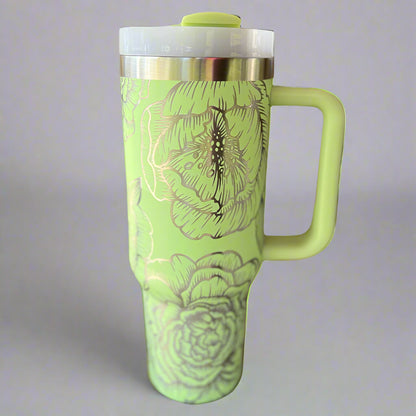 Peonies 30 oz or 40 oz Stainless Steel Insulated Tumbler with Handle, Laser Engraved tumbler, tumbler with name, birthday gift for him/her