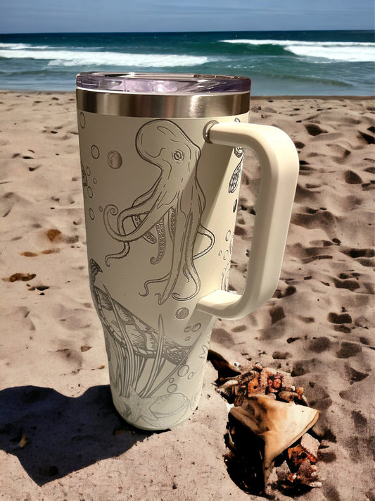 Octopus and sea turtles 40 oz Maars Charger SS Insulated Tumbler with Handle, Laser Engraved tumbler, 40 oz tumbler with name, birthday gift