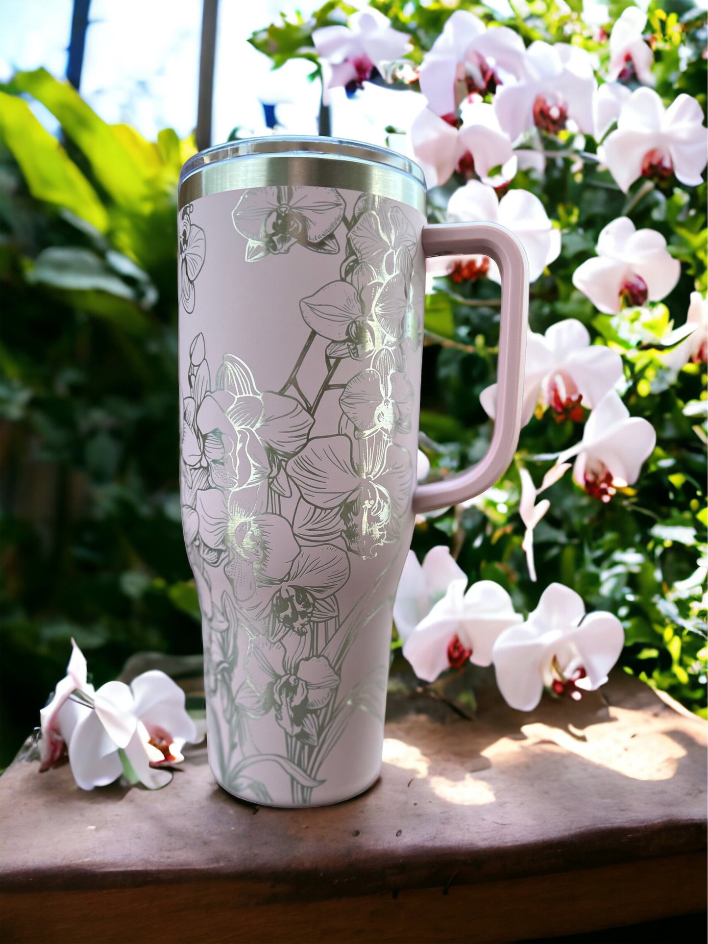 Orchids 40 oz Maars Charger SS Insulated Tumbler with Handle, Laser Engraved tumbler, 40 oz tumbler with name, birthday gift for him/her