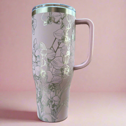 Orchids 40 oz Maars Charger SS Insulated Tumbler with Handle, Laser Engraved tumbler, 40 oz tumbler with name, birthday gift for him/her