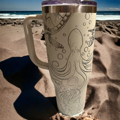 Octopus and sea turtles 40 oz Maars Charger SS Insulated Tumbler with Handle, Laser Engraved tumbler, 40 oz tumbler with name, birthday gift