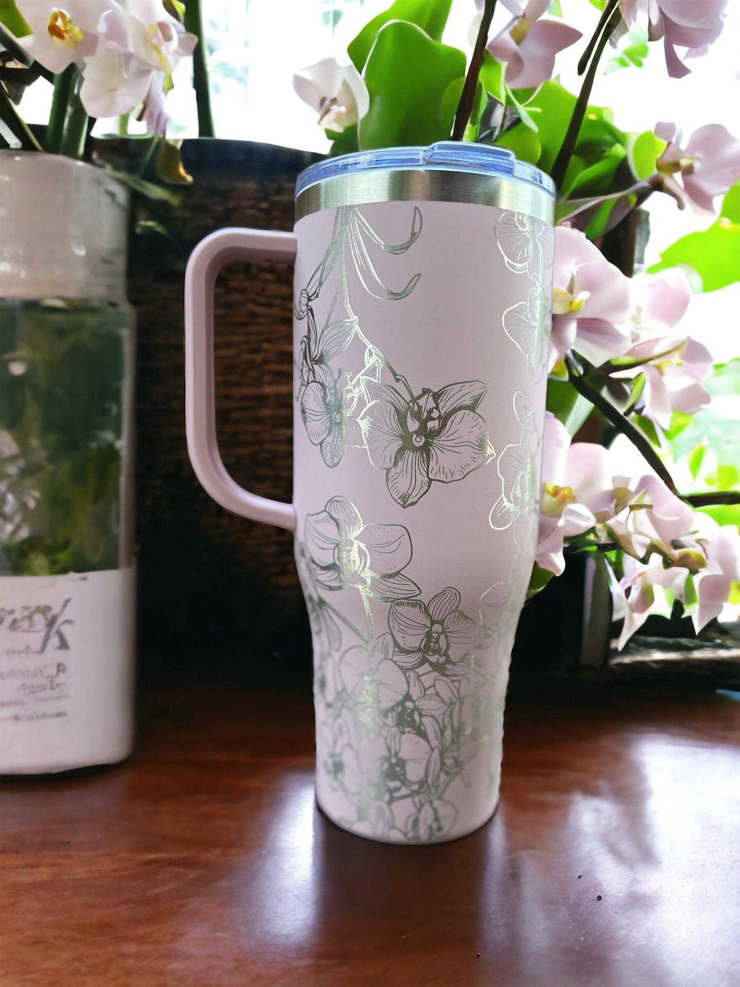 Orchids 40 oz Maars Charger SS Insulated Tumbler with Handle, Laser Engraved tumbler, 40 oz tumbler with name, birthday gift for him/her