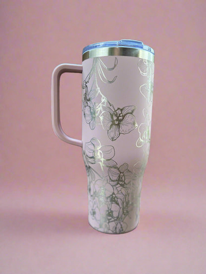 Orchids 40 oz Maars Charger SS Insulated Tumbler with Handle, Laser Engraved tumbler, 40 oz tumbler with name, birthday gift for him/her