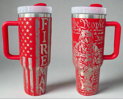 Fireman Second Amendment 30 oz or 40 oz Stainless insulated Tumbler with Handle, Laser Engraved tumbler with name, birthday gift for him/her