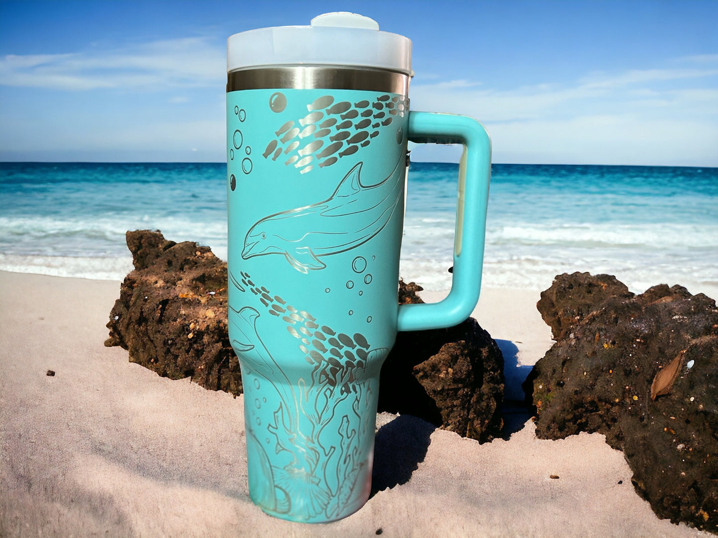 Dolphins 30 oz or 40 oz Stainless Steel Insulated Tumbler with Handle, Laser Engraved tumbler, personalized, birthday gift for him/her