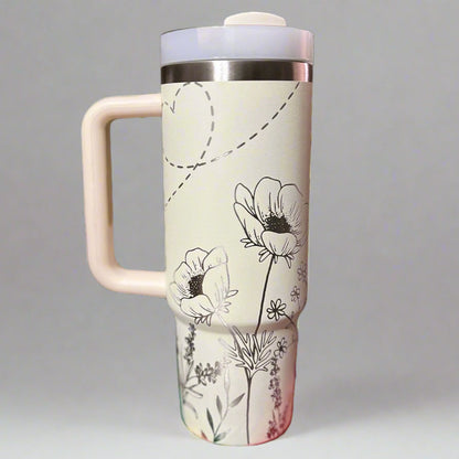 Wildflower & bee theme 30 oz or 40 oz Stainless Steel Insulated Tumbler with Handle, Laser Engraved tumbler with name, birthday gift for her